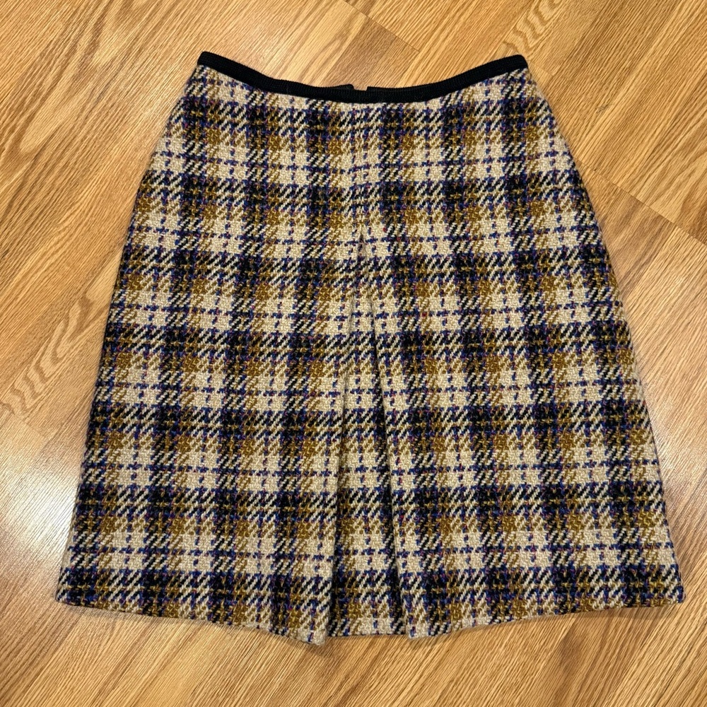 Orla Kiely Magee Plaid Irish Tweed Wool Tan Purple Navy Box Pleat Skirt Sz 4